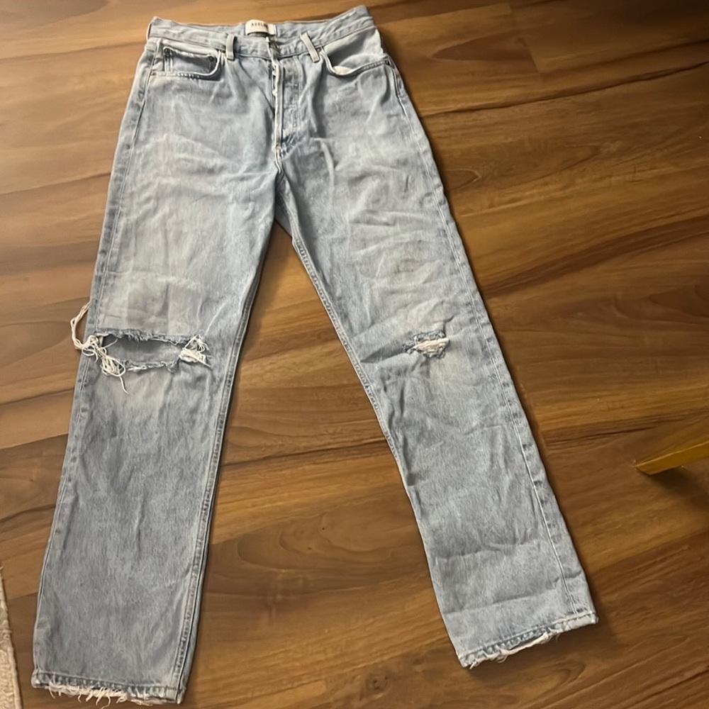 Agolde Light Wash High Rise Ripped Straight Jeans